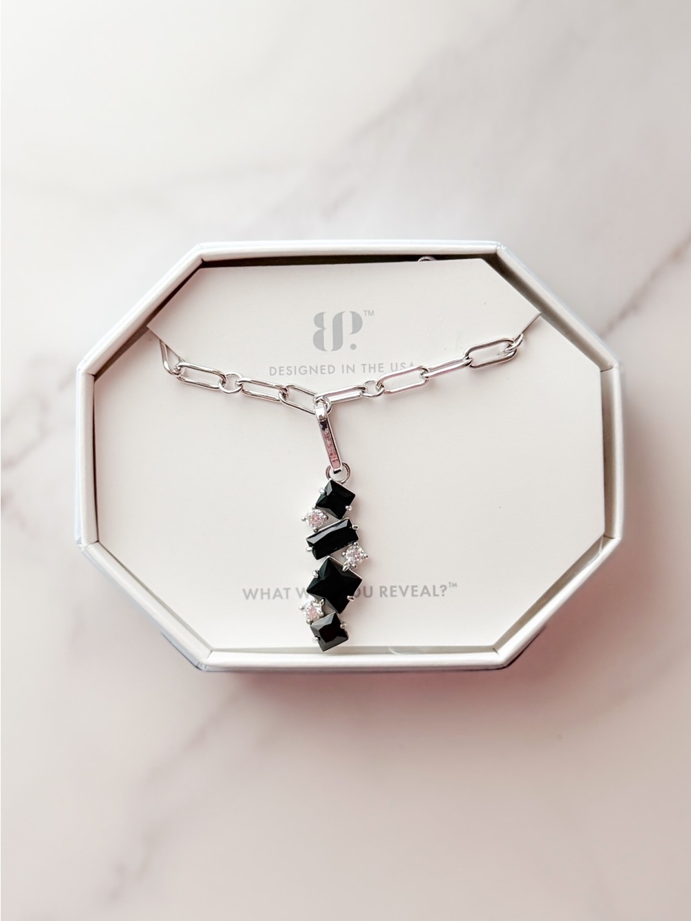 Bomb Party Just Say Yes Black Onyx CZ Rhodium Necklace NWT